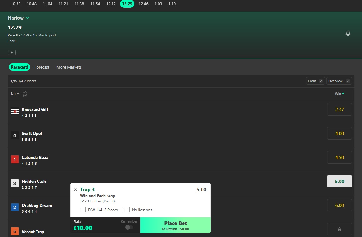 bet365 12.29 harlow greyhound market with trap 3 selected and a £10 stake entered into the betslip at odds of 5.0